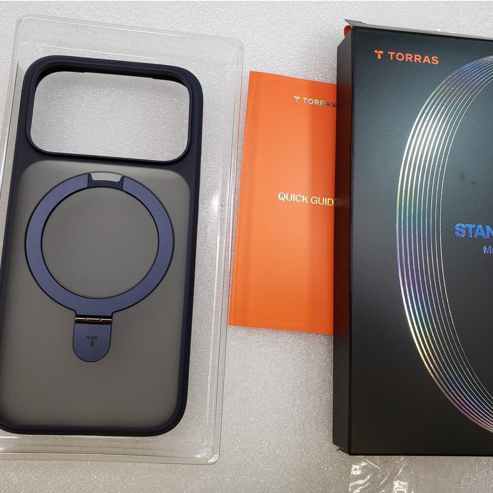 TORRAS Magnetic Stand Case for iPhone 17 Pro – Navy Blue / Matte Frosted Clear